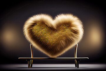 A Fluffy Golden Heart sitting on a bench. Design for Valentine's Day Gift cards, wedding cards. Made with Generative AI