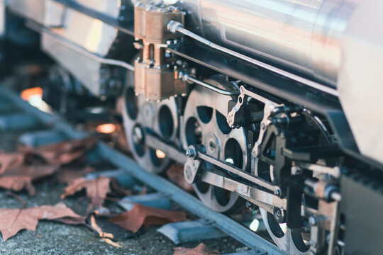 Iron Steam Train Close Up Still On A Railway From High Up Point Of View