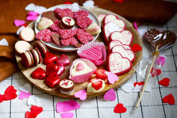 Sweets hearts chocolate and marzipan for valentine's day. Gifts for lovers.