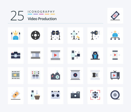 Video Production 25 Flat Color icon pack including lightning. illumination. clapper board. studio lights. spotlight