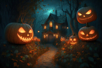 Halloween path to scary house, lighted pumpkins  Generative AI