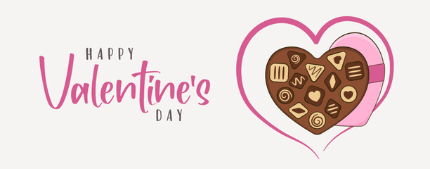 Happy Valentine's Day, lettering. Banner. Chocolate candy with heart-shaped box. Cartoon. Vector illustration