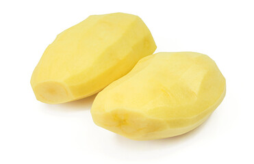 Two peeled raw potatoes isolated on white background