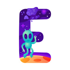 Space Letter E as Font and Alphabet Capital Bold Figure with Alien Vector Illustration