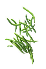 Fototapeta premium Young green beans falling on a white background