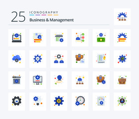 Business And Management 25 Flat Color icon pack including finance. business. gear. candidate. career