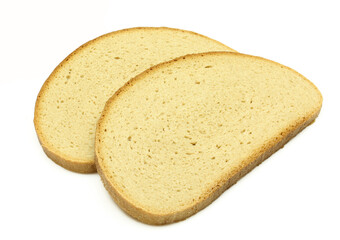 Two slices of rye and wheat bread isolated on white background