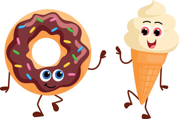 Cartoon dessert characters. Funny donut and ice cream mascots