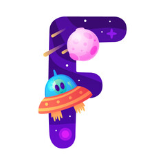 Space Letter F as Font and Alphabet Capital Bold Figure with Ufo Shuttle Vector Illustration