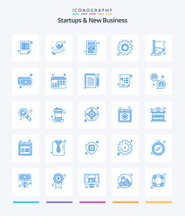 Creative Startups And New Business 25 Blue icon pack  Such As grow. graph. calculator. flag. gear