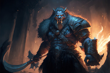 Barbarian humanoid beast warrior. Role-playing game illustration. Generative AI.