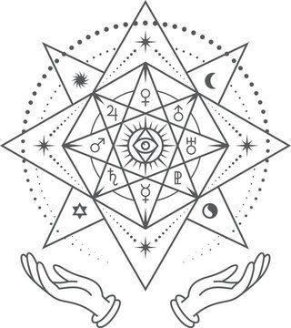 Occult hexagram with human hands. Mystic tattoo template