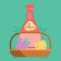 wine bottle and food in basket