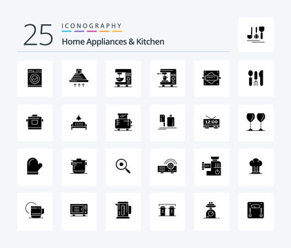 Home Appliances And Kitchen 25 Solid Glyph icon pack including kitchen. machine. exhaust. home. coffee
