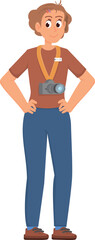 Obraz premium Professional photographer character. Cartoon woman with camera
