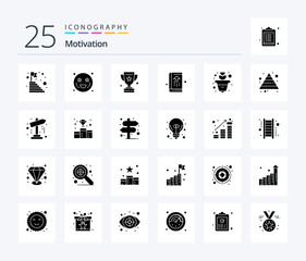 Motivation 25 Solid Glyph icon pack including notebook. business. heart eyes. book. success