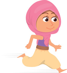 Running muslim girl. Happy kid in traditional eastern clothes
