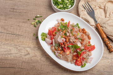 Vermicelli salad with minced pork, spicy food.Thai food
