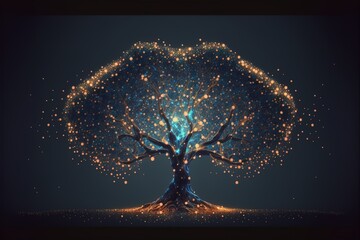 Magic digital particle tree, abstract graphic created with generative ai technology