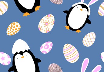 Easter eggs spring seamless animals penguin with rabbit ears cartoon pattern for wrapping paper and fabrics