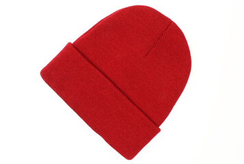 Blank red winter hat for men isolated on white background. Classic woolen beanie cap