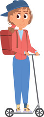 School girl on kick scooter. Cartoon happy student