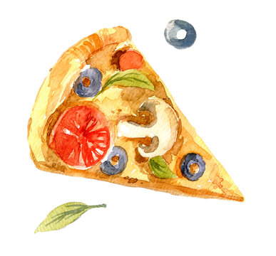 Watercolor pizza with tomato, olives and champions. Hand-drawn illustration isolated on the white background