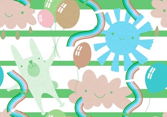 Festive animals seamless rabbit bunnies and sun and clouds and balloons pattern for wrapping paper and kids