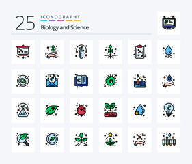 Biology 25 Line Filled icon pack including drop. molecule. plant. education. root
