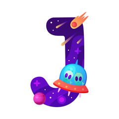 Space Letter J as Font and Alphabet Capital Bold Figure with Alien Shuttle Vector Illustration