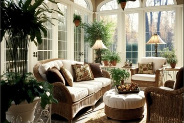 Bright and airy sunroom with wicker furniture and indoor plants generative ai