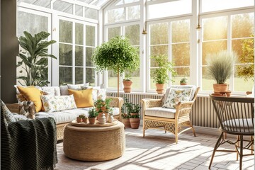 Bright and airy sunroom with wicker furniture and indoor plants generative ai