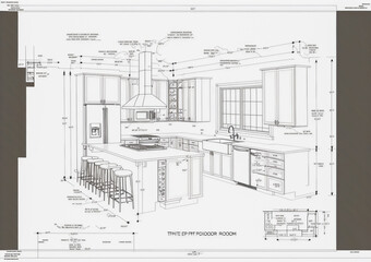 Architectural Drawing with Mock Text and Descriptions of a Custom Kitchen - Generative AI.