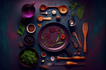 Different kitchen utensils next to different foods and seasonings, preparing a meal. Generative AI. 3