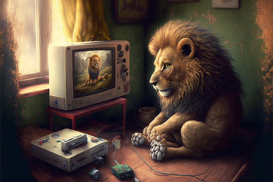 Lion Playing Video Game, AI Generated Artwork