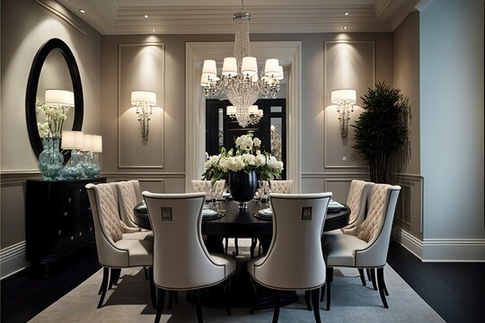 Elegant formal dining room with a chandelier and upholstered chairs generative ai
