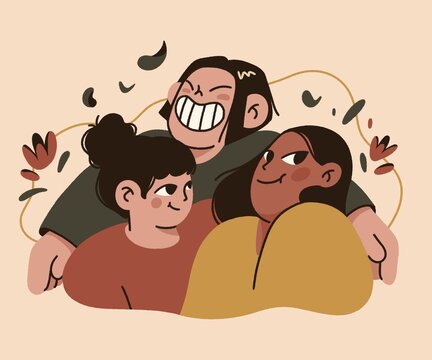 composition of happy friends in a hug together with  flowers and leaves in the background