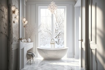 Luxurious spa-like bathroom with a freestanding tub and marble accents generative ai,
