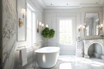 Naklejka na ściany i meble Luxurious spa-like bathroom with a freestanding tub and marble accents generative ai,
