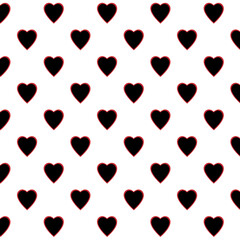 Fototapeta na wymiar Simple red stroke black heart shape seamless pattern in diagonal arrangement. Love and romantic theme background. Black and white wallpaper.