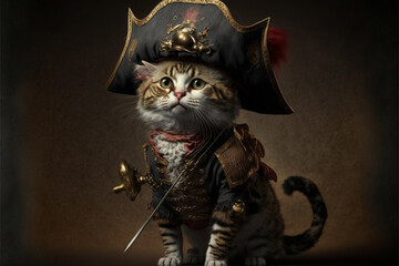 Cute pirate cat with a hat called tricorn or tricorne 3d character and a costume