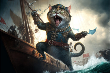 Cute pirate cat with a hat called tricorn or tricorne 3d character and a costume on a pirate ship