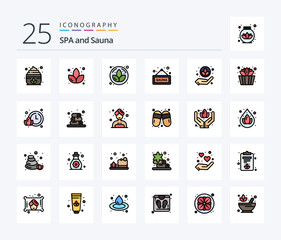 Sauna 25 Line Filled icon pack including time. lotus. sign. sauna. lotus