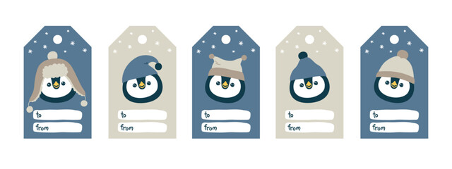 Vector templates for gift tags and label with cute arctic animals - penguins in hats
