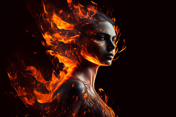  Fire girl.  Young woman in flames.  Generative AI.