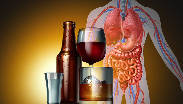 Drinking Health Danger concept as beer wine and spirits alcoholic glasses and bottle as a medical risk as cancer or dangerous health care risk of alcohol drinks