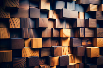  interior wall decorated with wood.   wooden background wall from cubes. Generative AI.