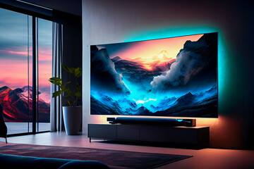 Fototapeta premium Big Tv In A Living Room. Elegant living room with big tv screen. Generative AI.