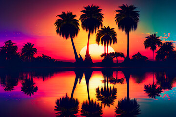 Fototapeta na wymiar Blue palm trees at sunset. Generative AI.