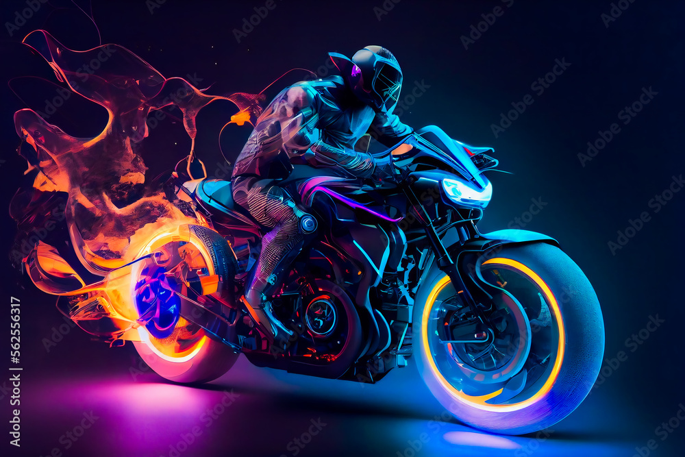 Wall mural crazy futuristic motorbike. man on a motorcycle. generative ai.